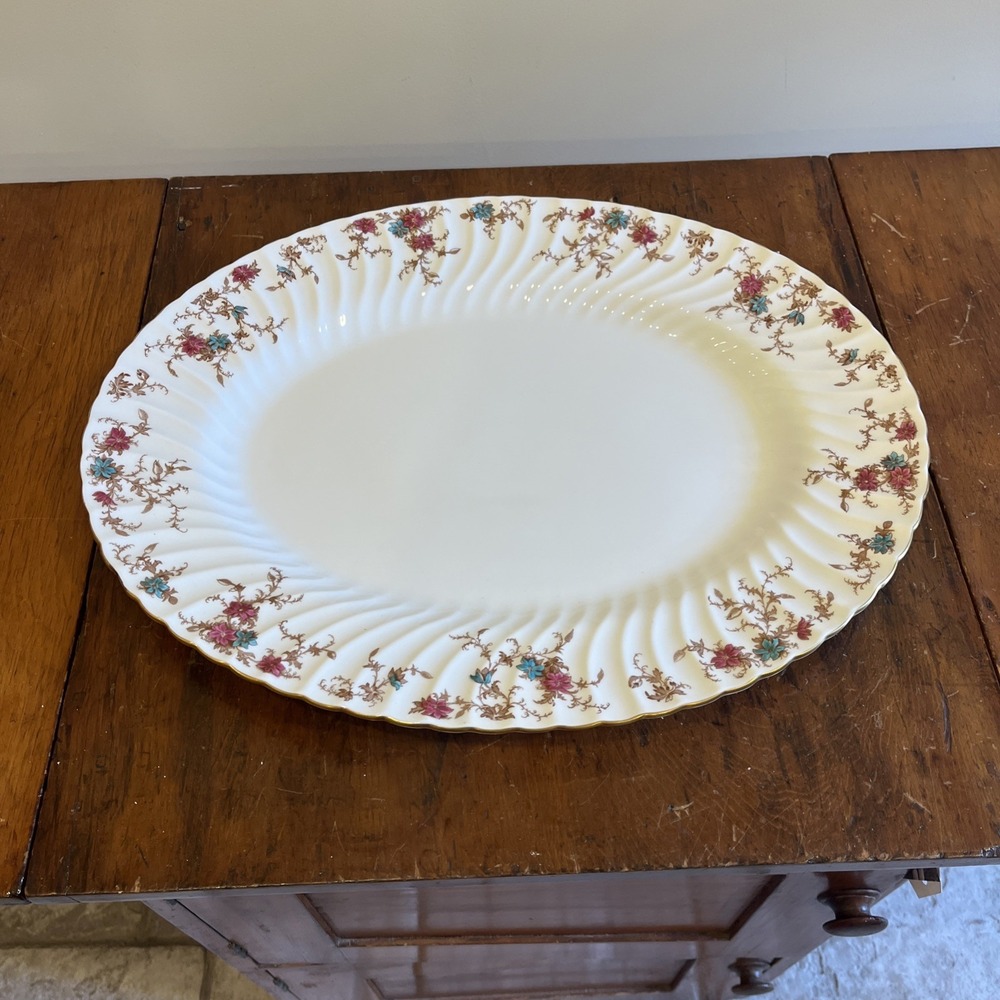 Minton Oval Platter Ancestral Floral Bone China Swirl Rim England 17 3/4" X 14"